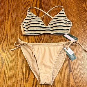 NWT Striped Crochet Bralette 2 Piece Bikini in Pink White & Navy Sz Medium 8-10